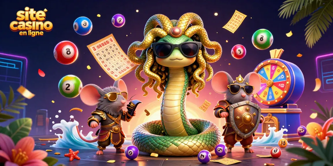 Les personnages de "site casino en ligne" s'amusent avec des boules de loterie colorées et une carte de bingo.