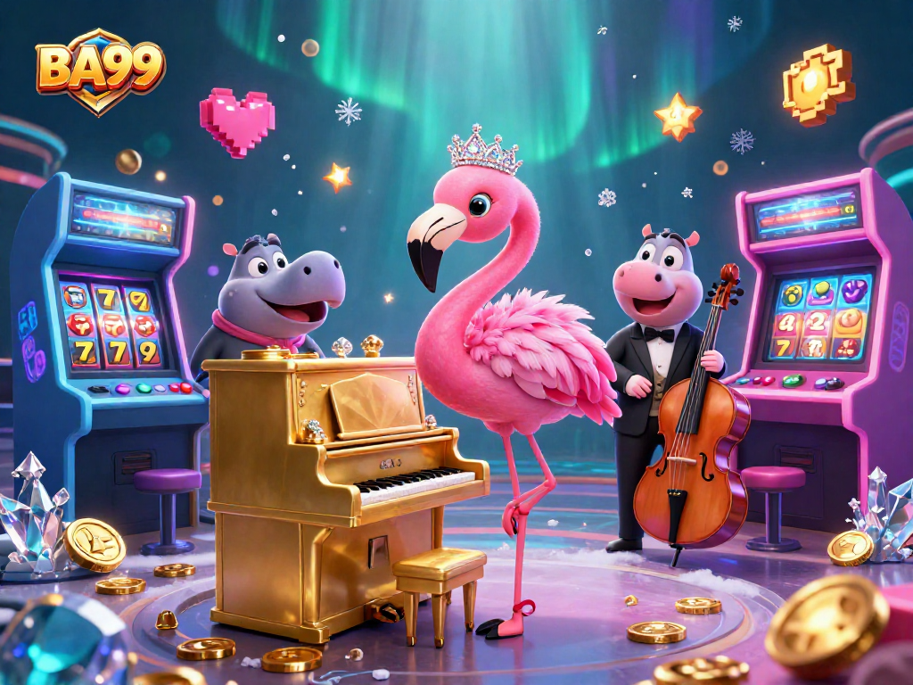 Experience the vibrant entertainment options at BA99, featuring slot reels and a flamingo singer.