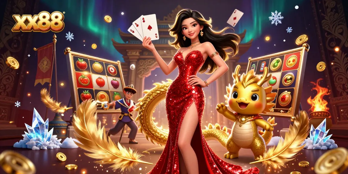 Experience thrilling gameplay at xx88 Slots with a stunning Asian lady and golden dragon mascot.