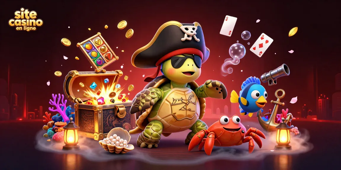 Emportez-vous dans un site casino en ligne, avec une tortue pirate magique entourée de trésors sous-marins.