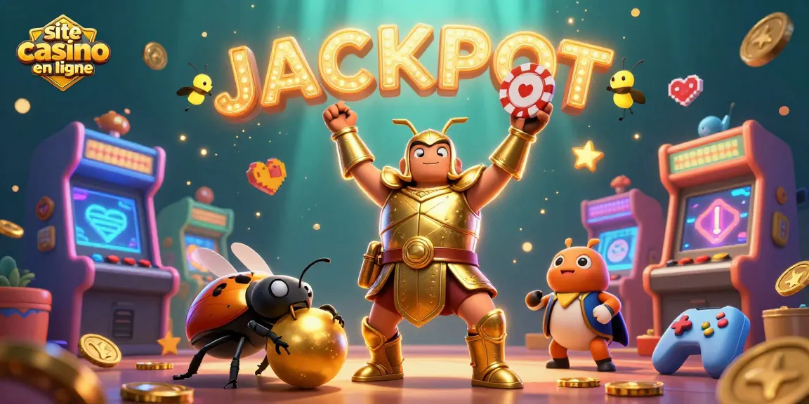 Visez des gains sur le site casino en ligne avec une scène animée de jackpots et de jeux colorés.