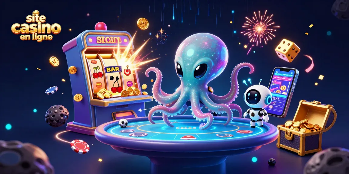 Un site casino en ligne animé mettant en scène un poulpe extraterrestre et un robot jouant au poker.