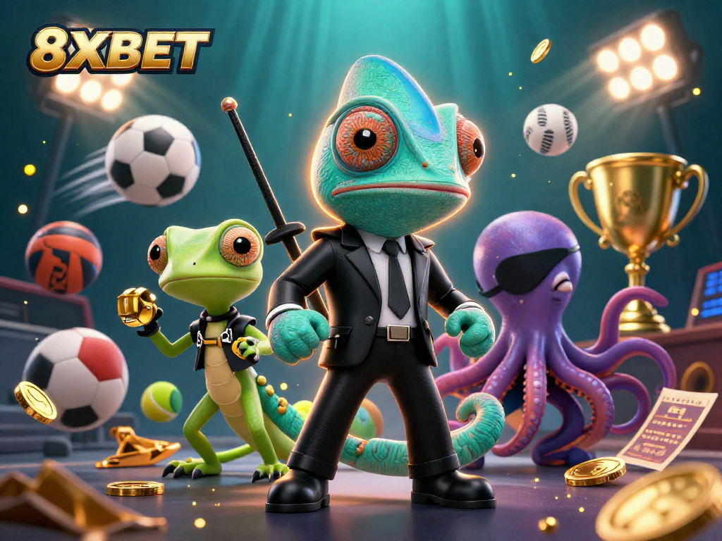 Engage with thrilling 8XBET online betting experience featuring sports and casino elements in a dynamic 3D scene.