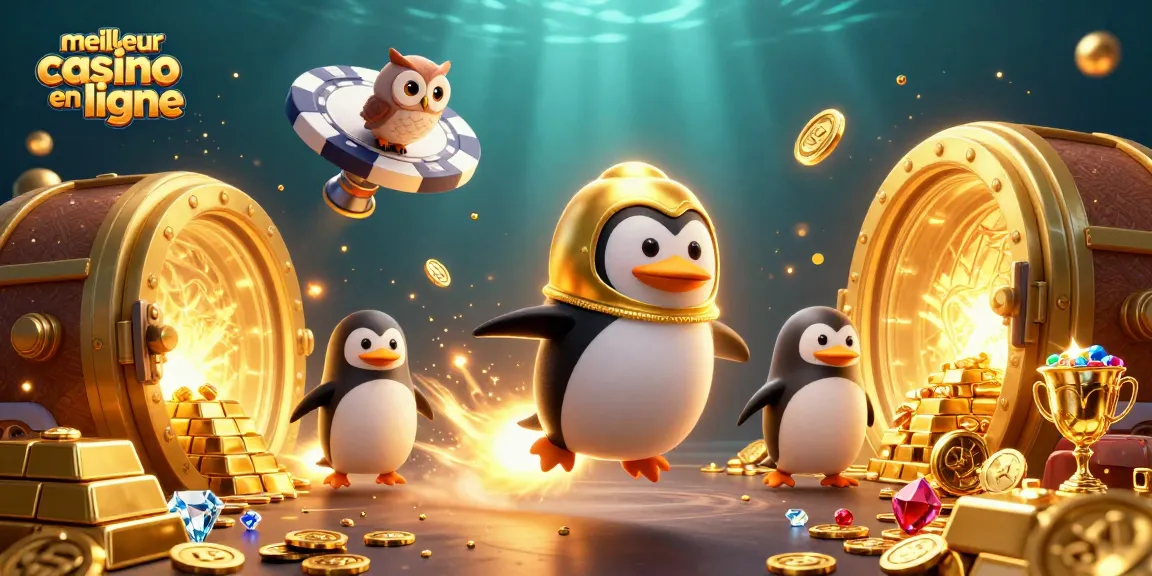 Illustration dynamique du meilleur casino en ligne avec un pingouin doré propulsé par fusée, circulant dans l'espace.