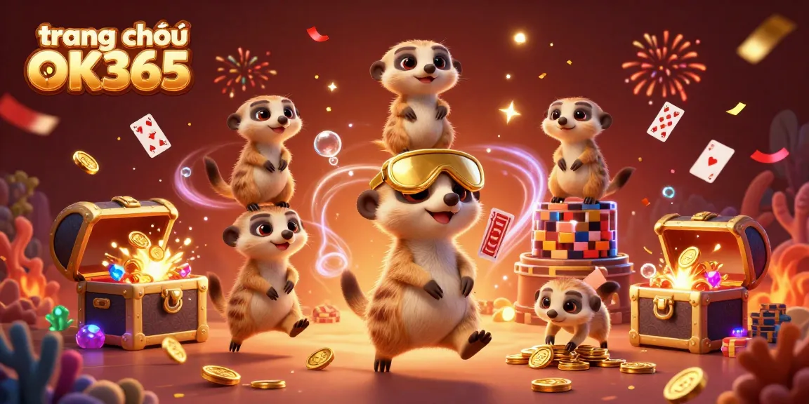 Experience the excitement at trang chủ OK365 with a dynamic meerkat casino illustration featuring card dealers, treasure, and more.