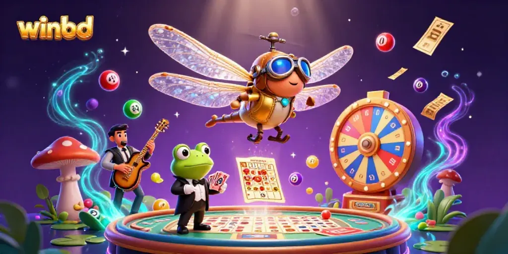 Winbd's vibrant gaming scene showcases a dragonfly pilot, frog croupier, and lively jazz musicians.
