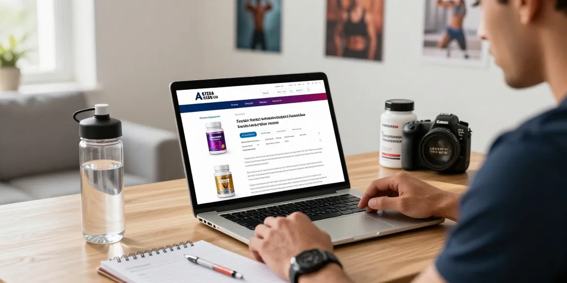 Browsing Astera Shop for lab-tested steroids in a vibrant home setting
