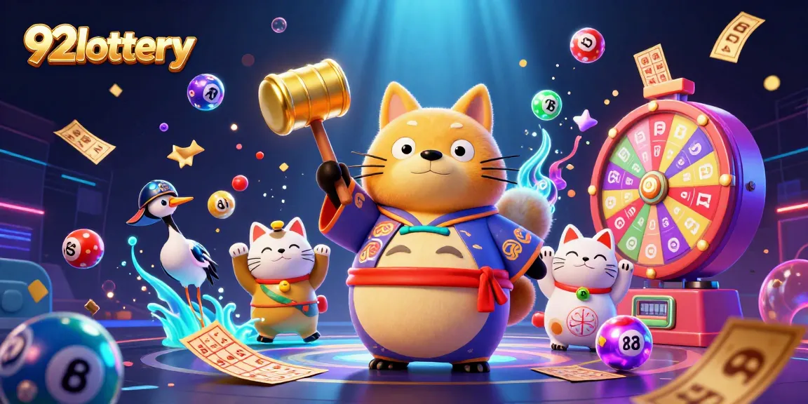 Engage with 92lottery in this dynamic lottery-themed illustration featuring vibrant characters and exciting gaming elements.