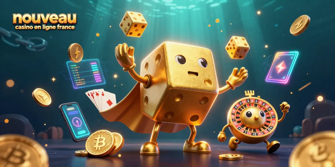 Jouer au nouveau casino en ligne France avec des dés en or et des éléments de crypto-monnaie animés.