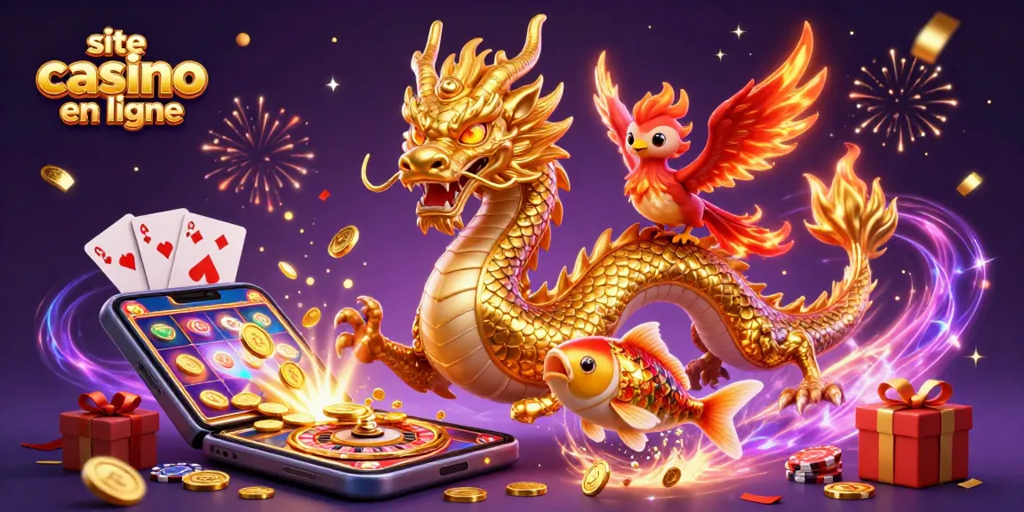 Jouez sur un site casino en ligne avec un dragon doré, un phoenix et des pièces d'or.