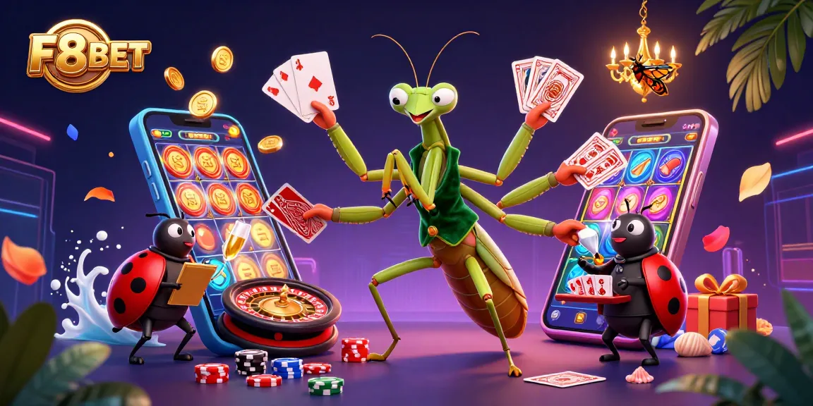 Experience thrill and excitement at F8BET with engaging games and lively characters in a dynamic casino scene.