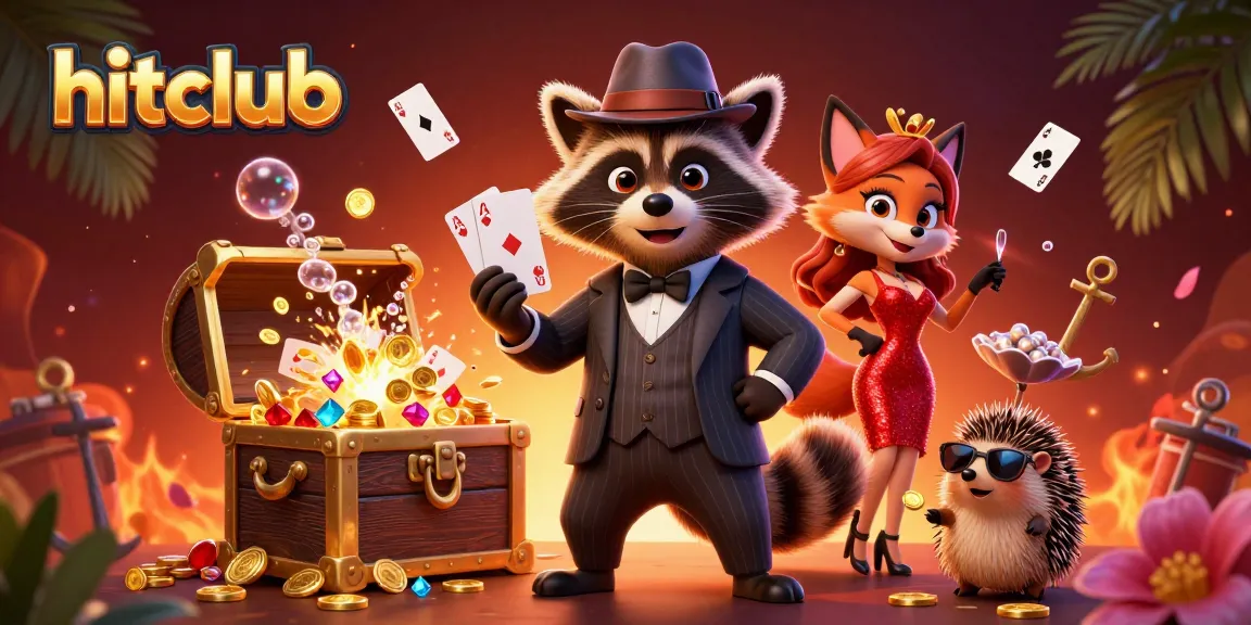 Engage with hitclub's vibrant casino scene featuring a raccoon and a fox amidst sparkling treasure and playing cards.
