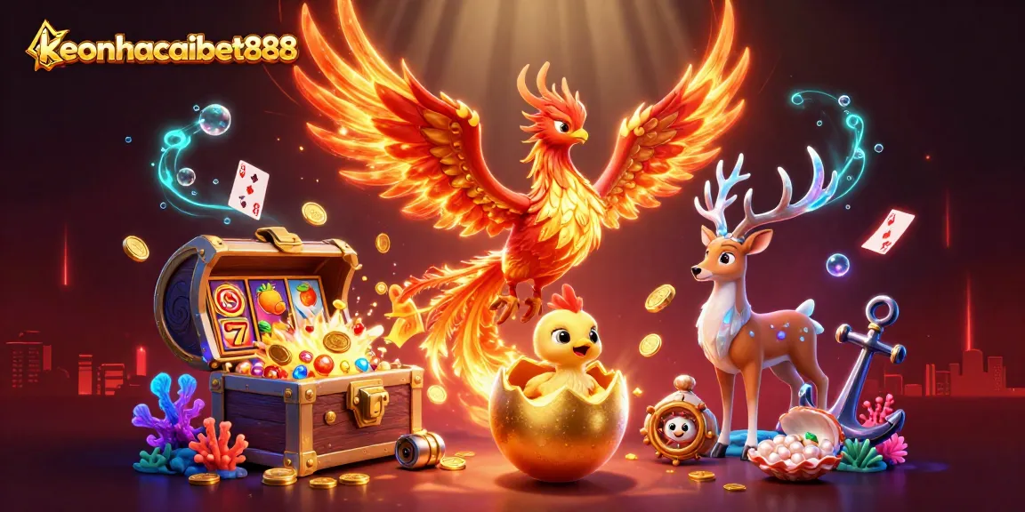 Engage with keonhacaibet888's thrilling gaming world featuring vibrant phoenix and casino elements.