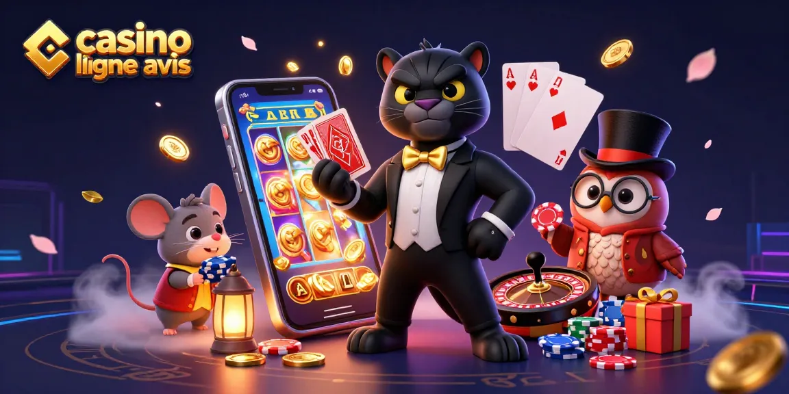 Célébrez avec "casino en ligne avis" où un panthère élégant distribue des cartes dans un réglage de casino coloré.