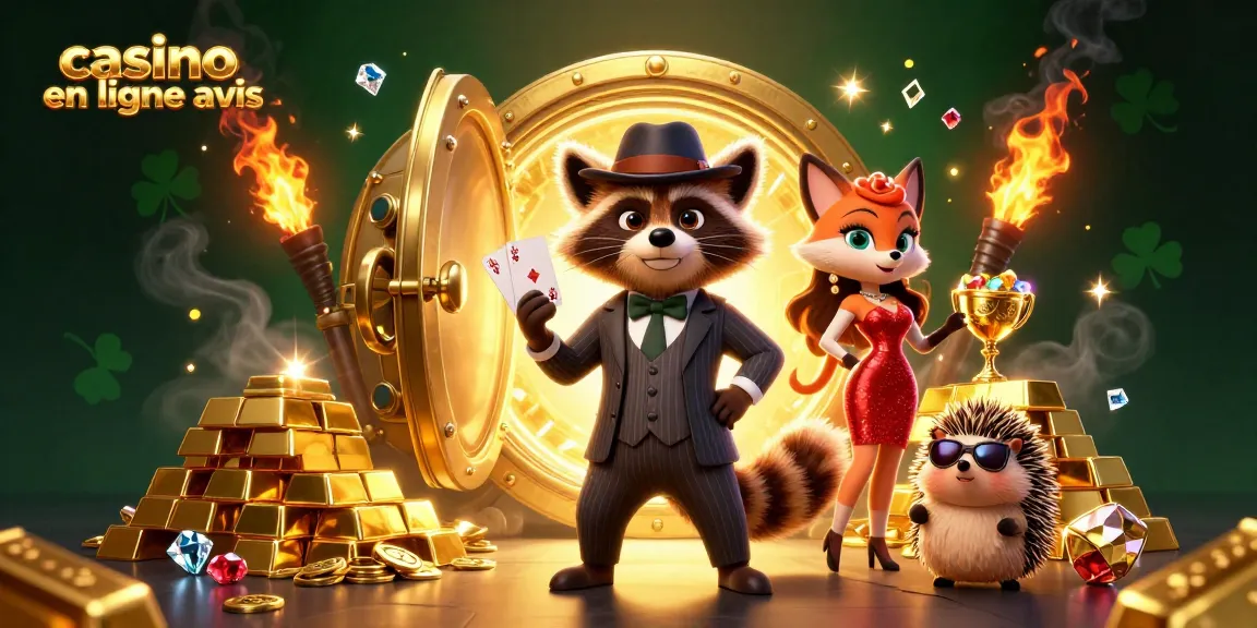 Critiquez les casinos en ligne avis avec cette illustration dynamique d'un raton laveur joueur, une renarde glamour et un hérisson garde du corps.