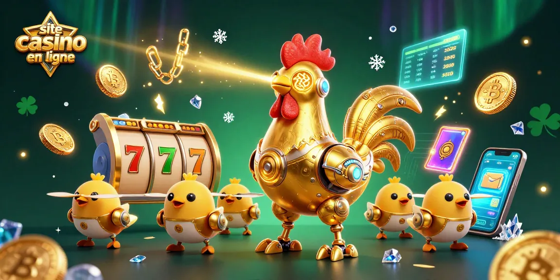 Jouez sur un site casino en ligne avec des personnages de robots et de poussins, entourés de symboles de machines à sous et de cryptomonnaies.