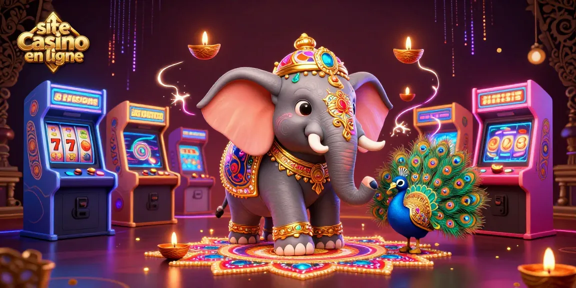 Plongez dans l'univers du site casino en ligne avec un éléphant Diwali en or, machines à sous et éléments colorés.