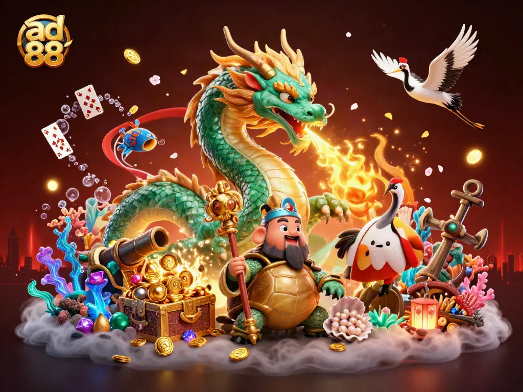 Ad 88 showcases a vibrant 3D casino scene with dragons, treasures, and dynamic playing cards.