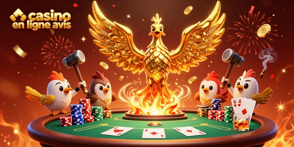 Illustration dynamique de l'avis sur le casino en ligne, avec un phoenix doré et des éléments de jeu.