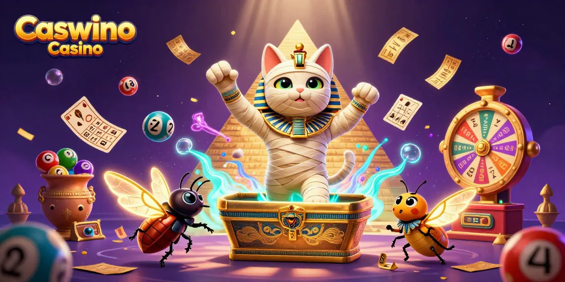 Experience thrilling action at Caswino Casino with a dynamic scene of a mummy cat and games.