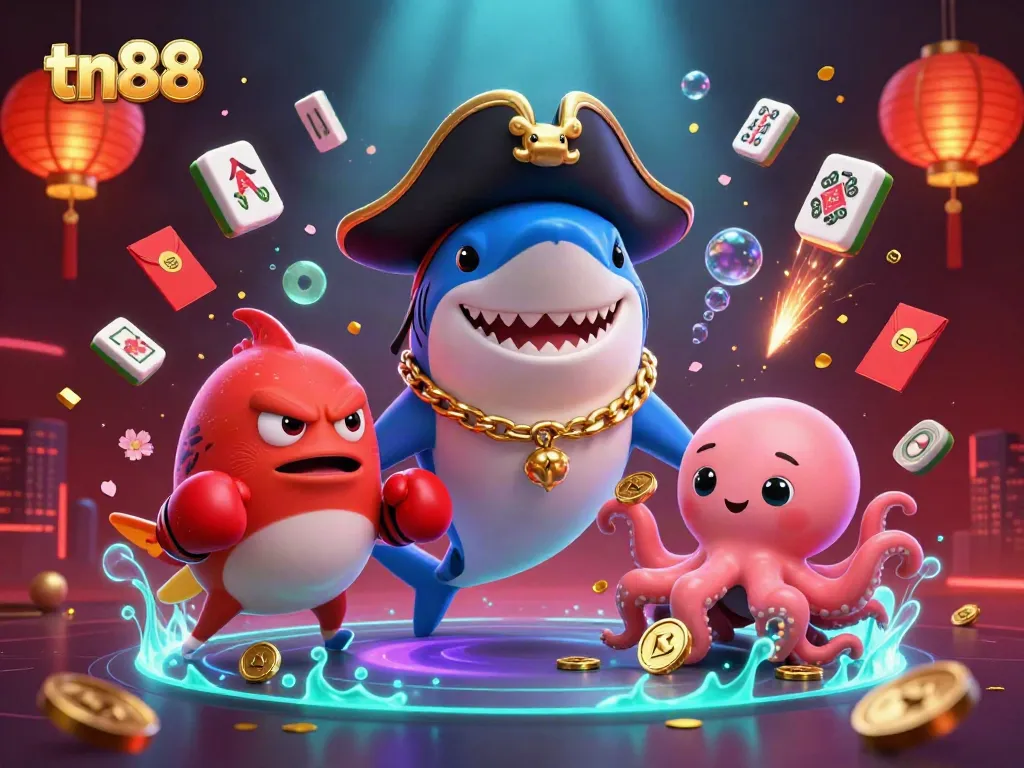 Engage in thrilling online gaming with tn88's vibrant casino atmosphere featuring cartoon characters surrounded by golden treasures.