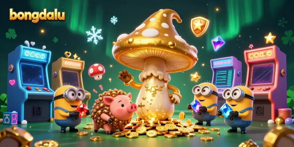 Bongdalu showcases enchanting 3D art with a mushroom wizard, treasure pig, and gems, perfect for your gaming experience.