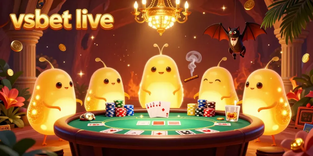 Experience the excitement of vsbet live poker with glowing characters, poker chips, and vibrant casino lights.