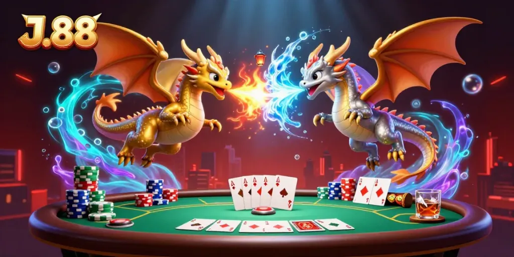 Experience thrilling gameplay with J.88, featuring dynamic dragons and vibrant poker scenes.