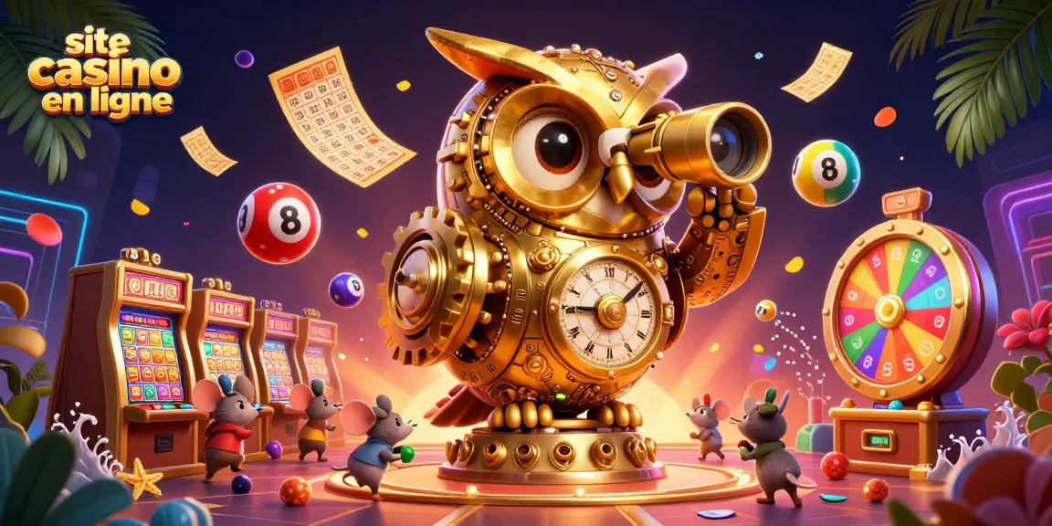 Découvrez l'animation dynamique du site casino en ligne avec une chouette dorée et des éléments de jeu colorés.
