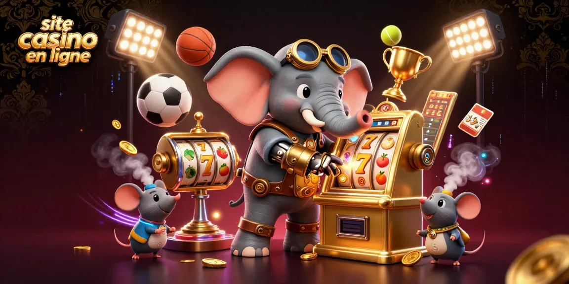 Machine à sous avec un éléphant steampunk sur un site casino en ligne, illustrant une ambiance de jeu vibrant.