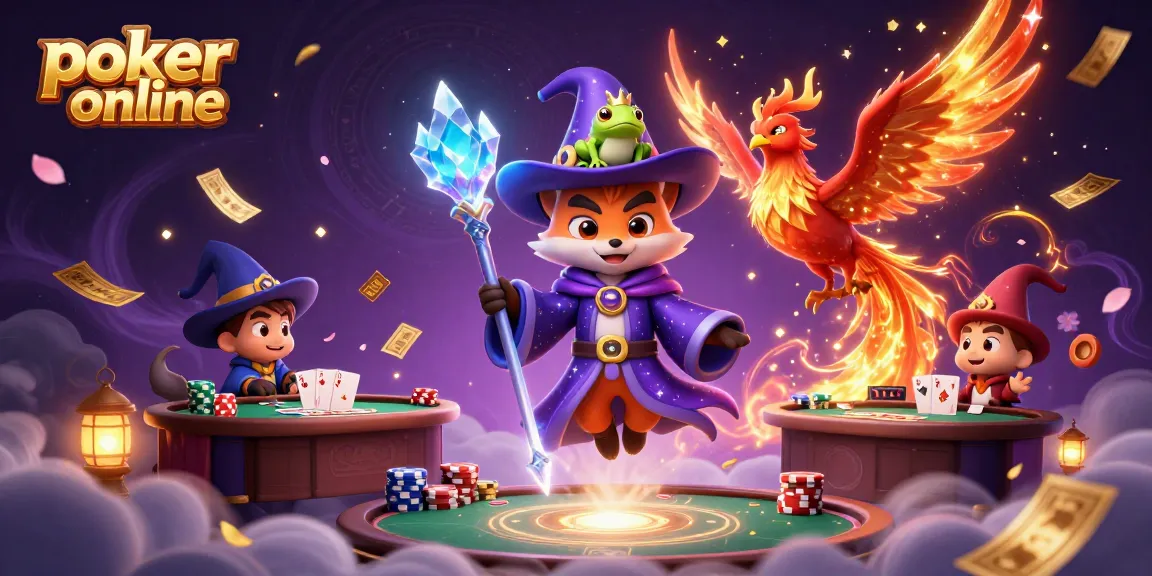 Quête de gains sur le poker en ligne avec un renard sorcier et un phénix, atmosphère dynamique et magique.