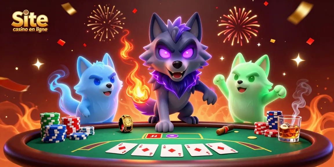 Illustration dynamique de site casino en ligne avec des loups fantomatiques et des éléments de poker.