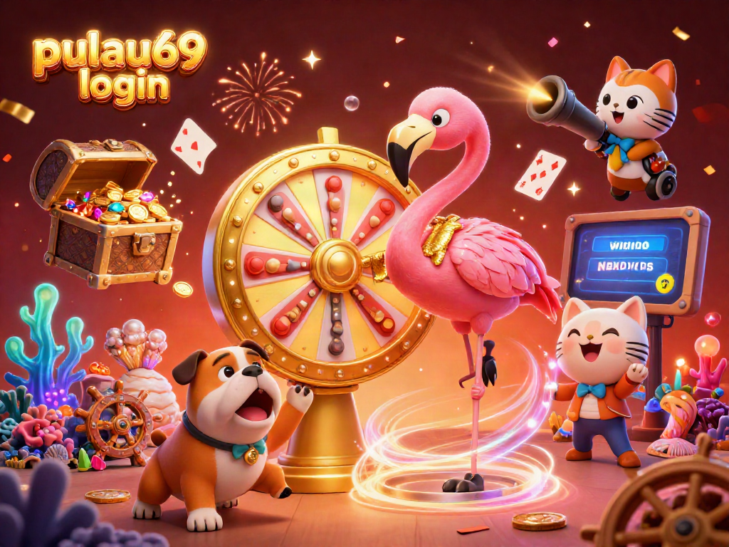Join the exciting pulau69 login game show with a flamingo host and confetti celebration in a vibrant casino setting.