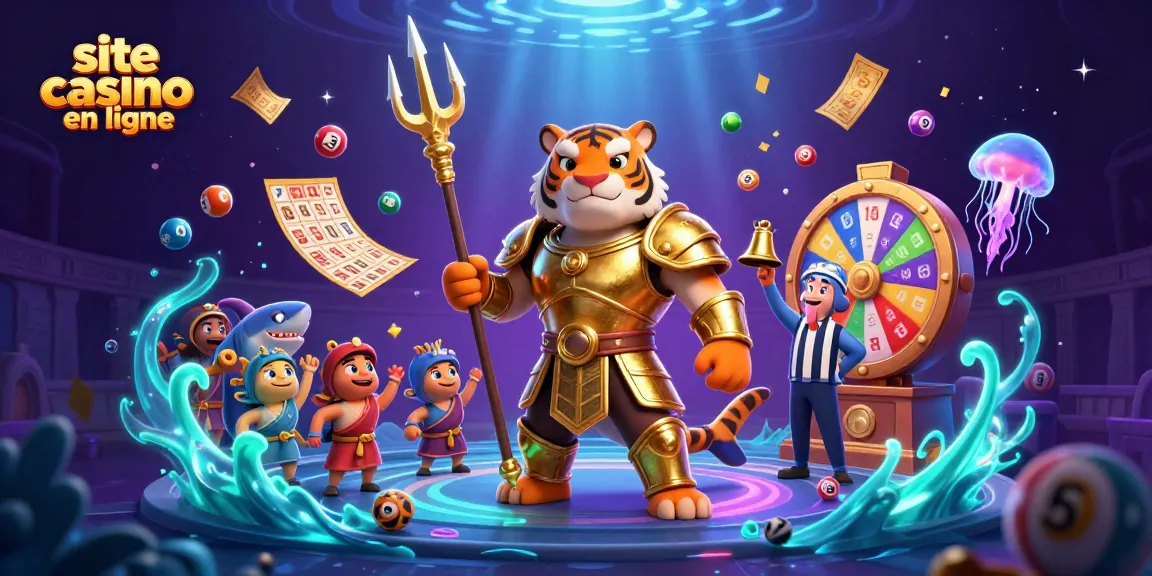 Visitez le site de casino en ligne avec un requin-tigre en armure dorée, jeux de loterie vibrants et ambiance marine unique.