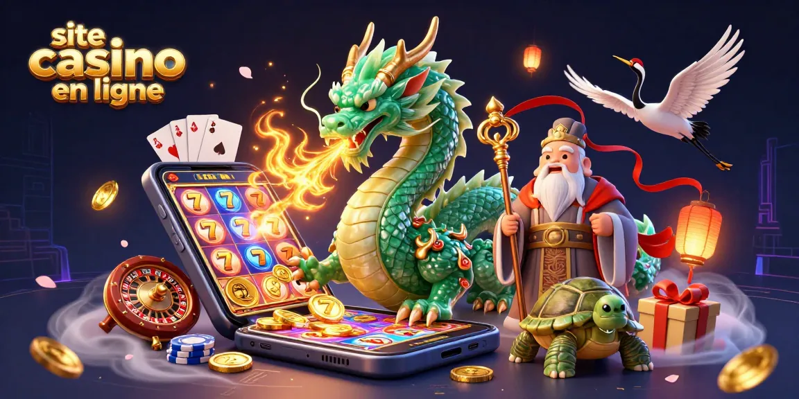 Illustration riche en détails d'un site casino en ligne réunissant dragon, tortue sage et grues porte-bonheur.