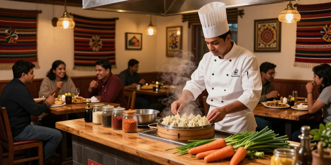 Experience dining at https://namastecurryandmomo.com with chefs preparing authentic momos in a lively restaurant setting.
