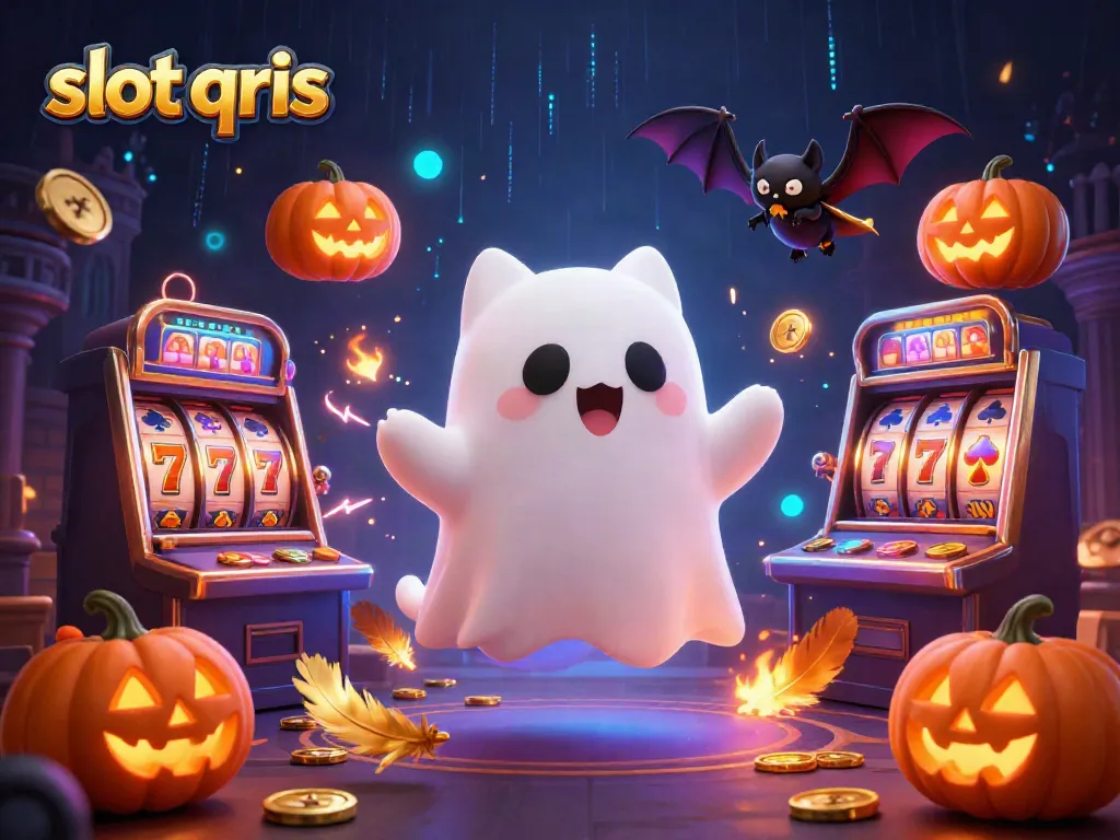 Experience thrilling slot qris action with ghostly characters amidst vibrant casino elements.