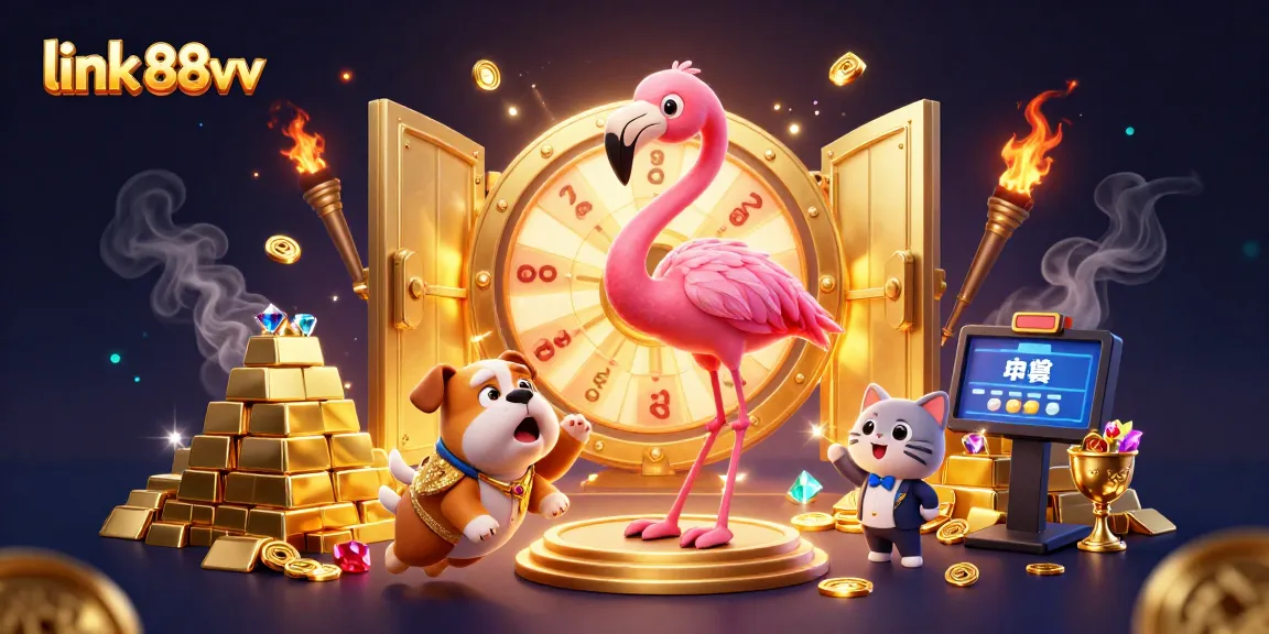 Experience the thrill of link 88vv with a vibrant casino scene featuring a flamingo host and golden prizes.