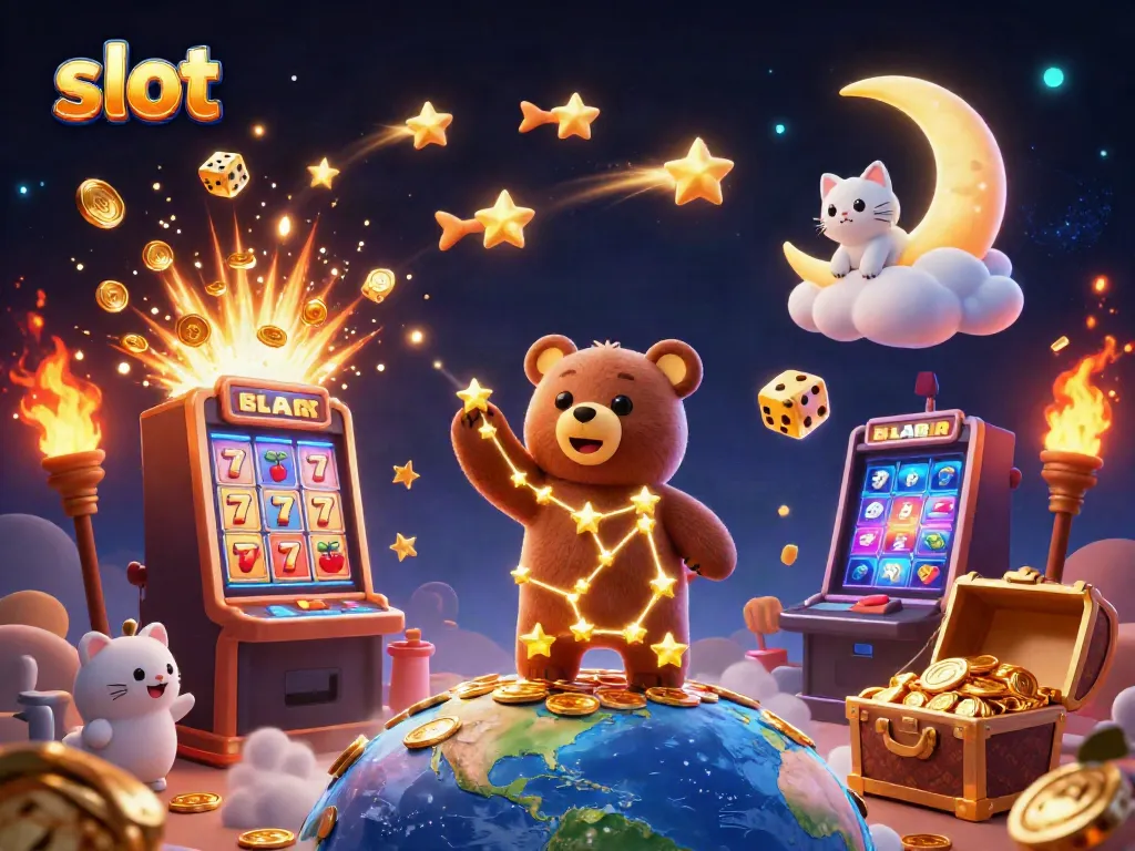 Spin to win on vibrant slots with our engaging 3D casino illustration featuring lucky symbols and characters.