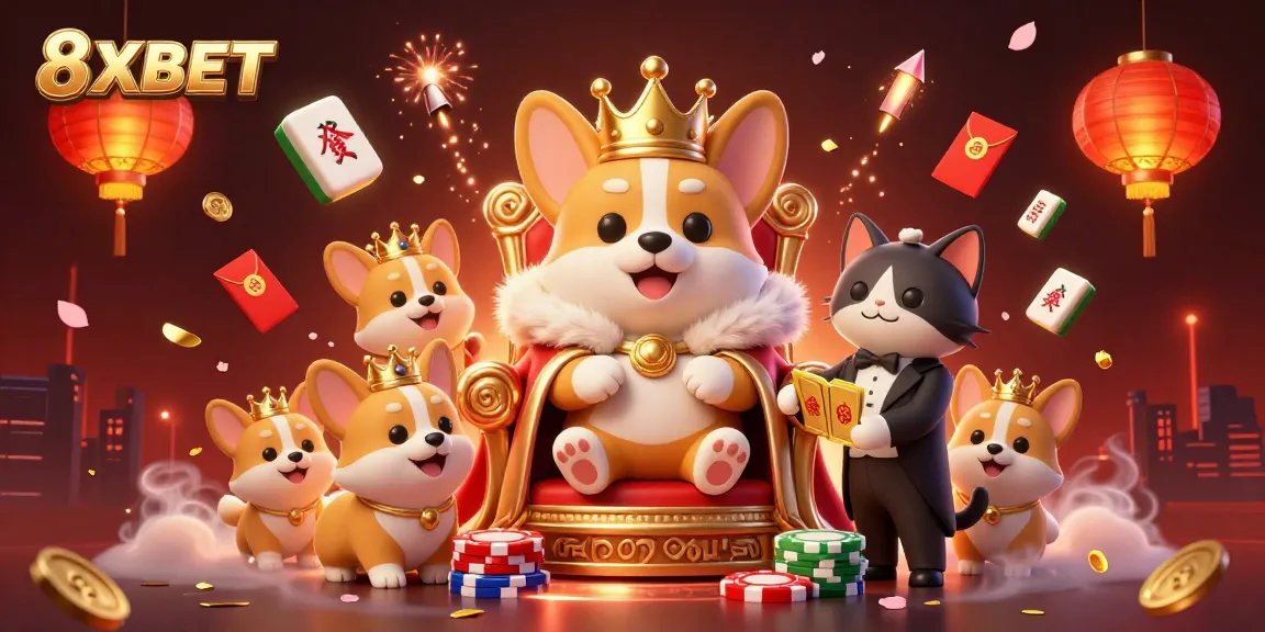 Engage with exciting casino games at 8XBET with royal corgi characters in a vibrant scene.
