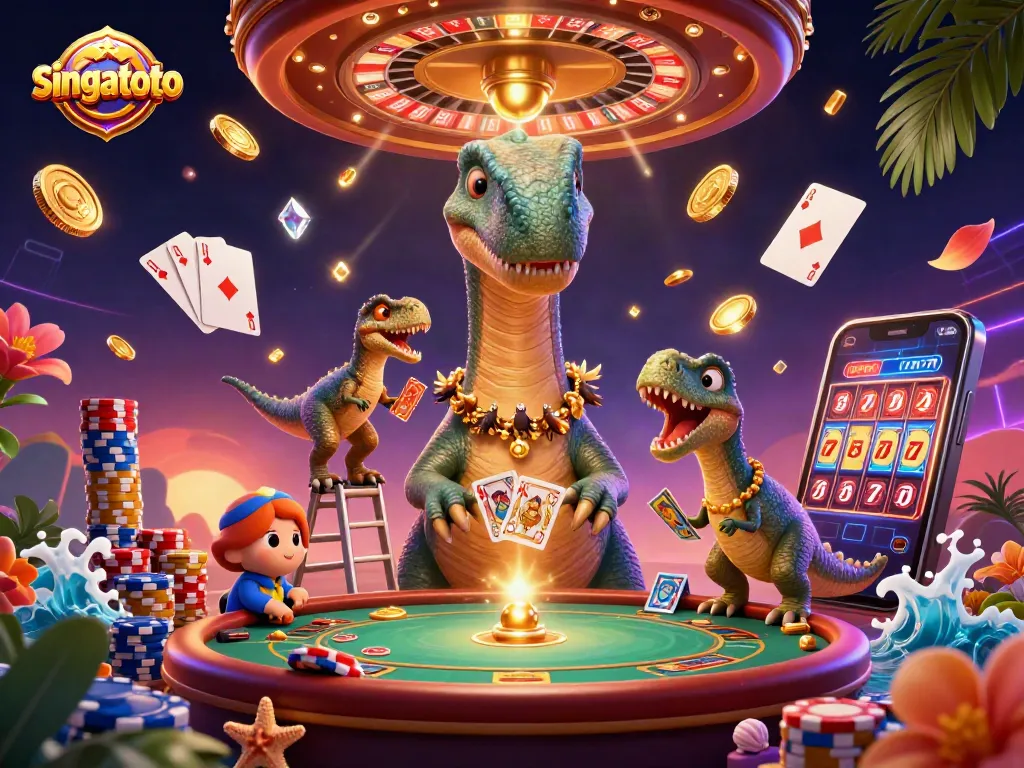 Engage in thrilling casino gameplay with singatoto at a vibrant 3D scene featuring a casino dinosaur.