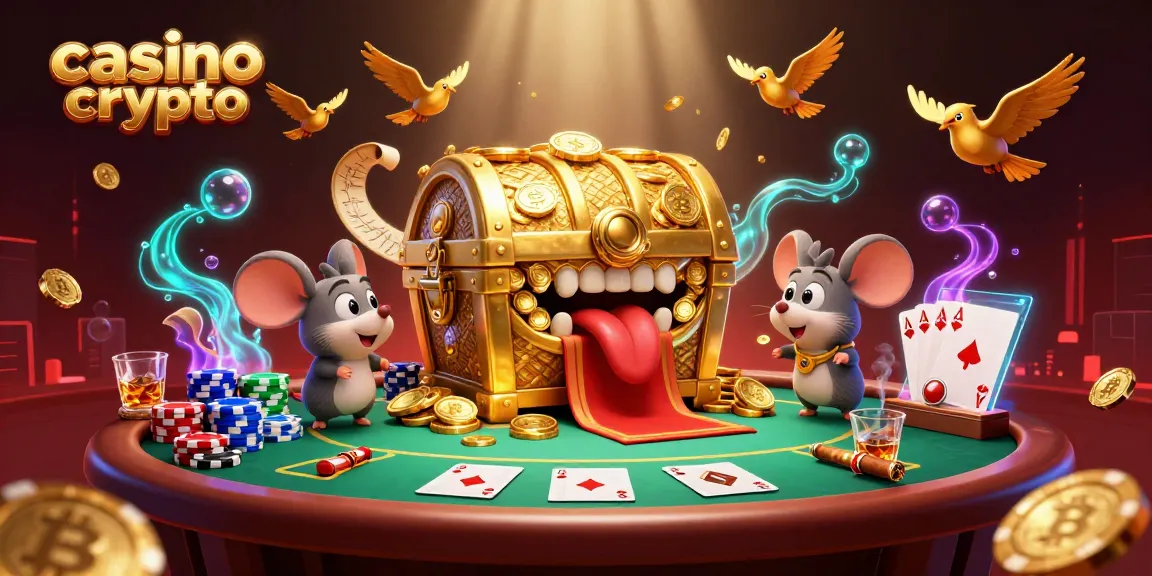 Une illustration 3D captivante montrant un coffre au trésor et des éléments de casino crypto.