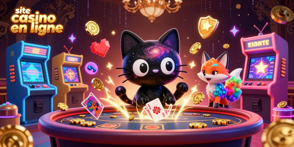 Jouer au site casino en ligne avec un chat gravitationnel attirant des jetons et des cartes colorés.