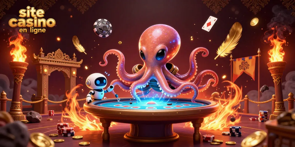 Découvrez le site casino en ligne avec une illustration d'un poulpe extraterrestre à une table de poker holographique.