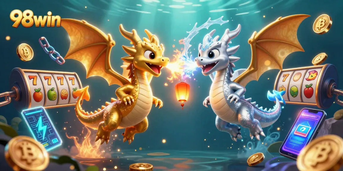 Experience thrilling gameplay with 98win as twin dragons of gold and silver light the casino undersea realm.