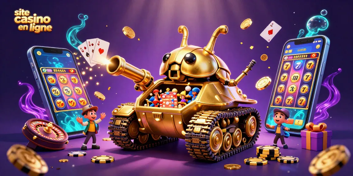 Illustration dynamique d'un site casino en ligne, avec un tank à scarabée doré et un casino miniature à l'intérieur.