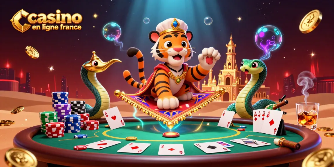 Le sultan tigre sur un tapis volant de jetons de poker dans un décor de casino en ligne France, entouré d'éléments de jeu captivants.