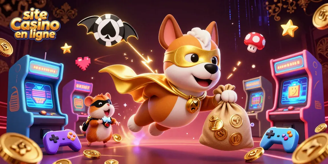 Dynamisez vos gains avec le site casino en ligne, une illustration captivante d'un super chien volant et ses jeux d'arcade.