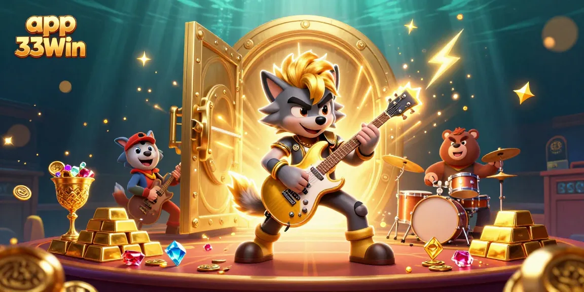 Win big with app 33Win in an electrifying casino scene featuring vibrant characters and treasures.