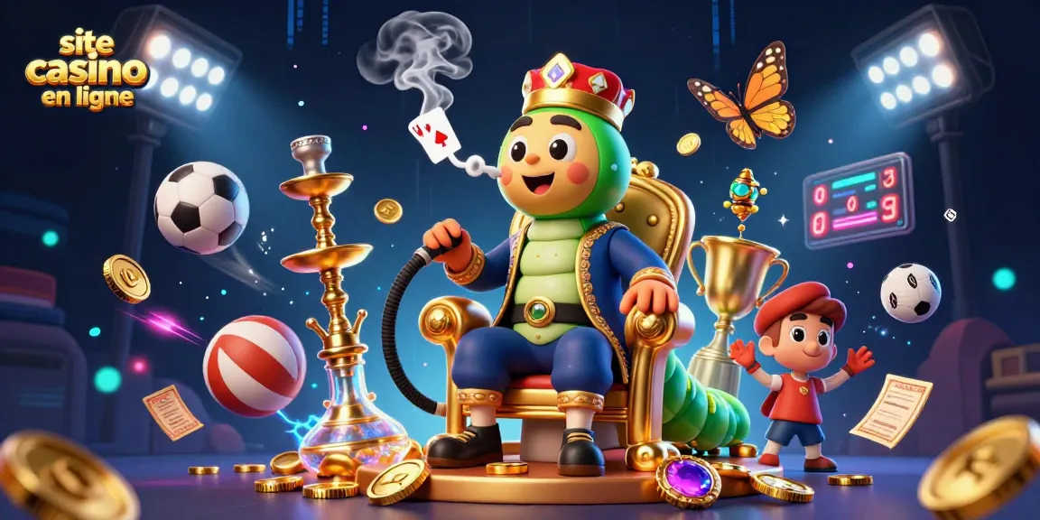 Illustration captivante d'un site casino en ligne montrant un maître narguilé avec des ballons de sport et des pièces d'or.